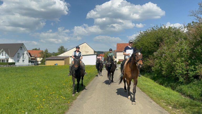 Vier Personen reiten auf einer Landstraße, im Hintergrund sind Häuser und ein bewölkter Himmel zu sehen.