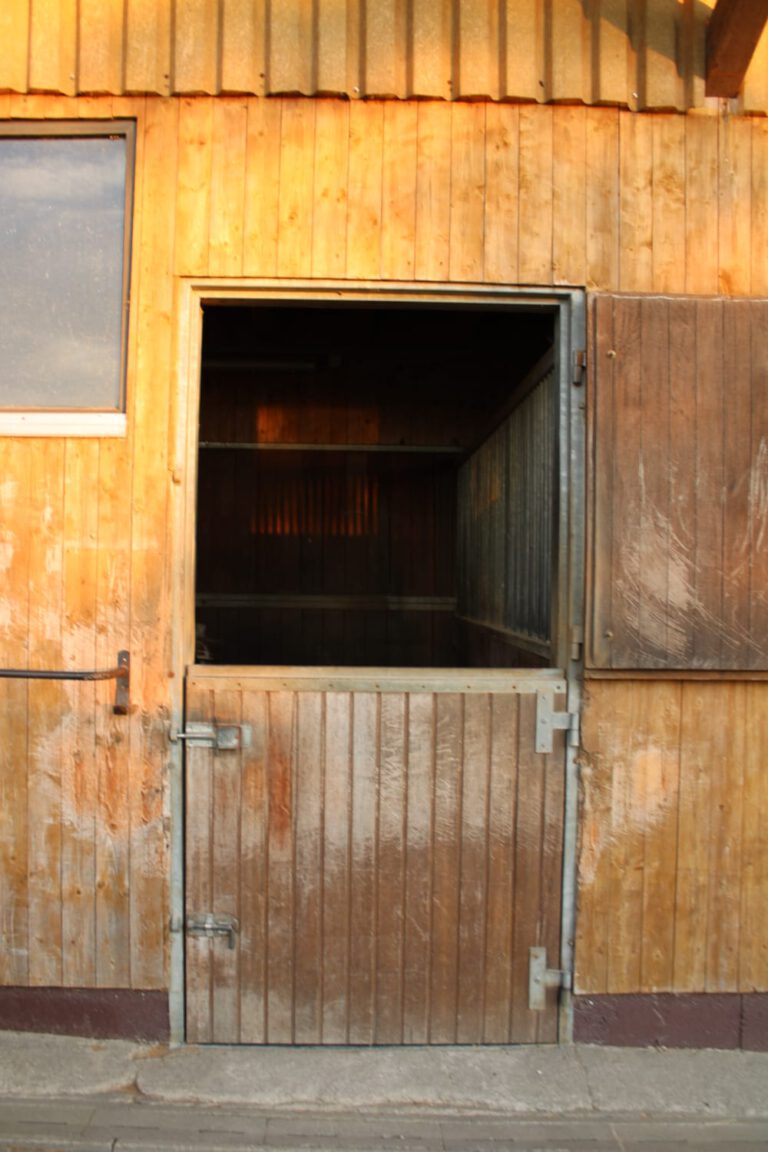 Eine halb geöffnete Stalltür aus Holz, deren Außenwand vom Sonnenlicht in einem warmen Farbton erhellt wird, bietet eine malerische Startseite.