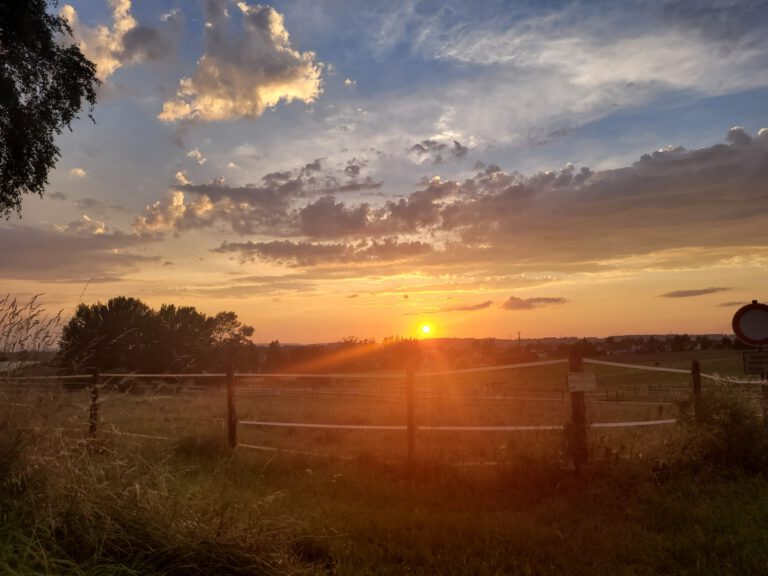 Sonnenuntergang über einer ländlichen Landschaft mit einem Holzzaun, Grasfeldern und vereinzelten Wolken in einem farbenfrohen Himmel.