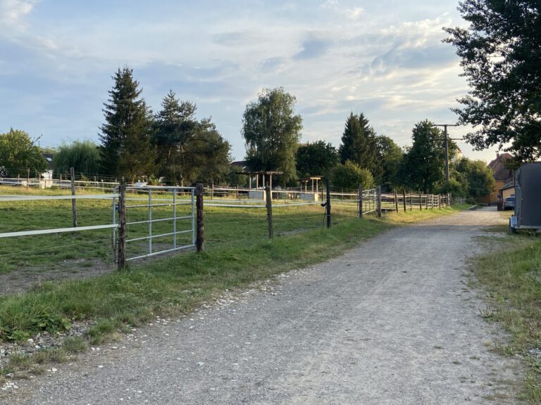 Ein Kiesweg neben eingezäunten Grasflächen, mit Bäumen und Häusern im Hintergrund unter einem teilweise bewölkten Himmel.