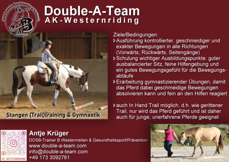 Werbeflyer für Double-A-Team AK-Westernriding mit Bildern vom Reiten, Kontaktinformationen und Trainingsdetails auf Deutsch. Nehmen Sie an unseren Kursen mit Stangentraining und spannenden Trail-Abenteuern teil!